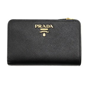 Prada Compact Bi fold Wallet Black Leather Hook